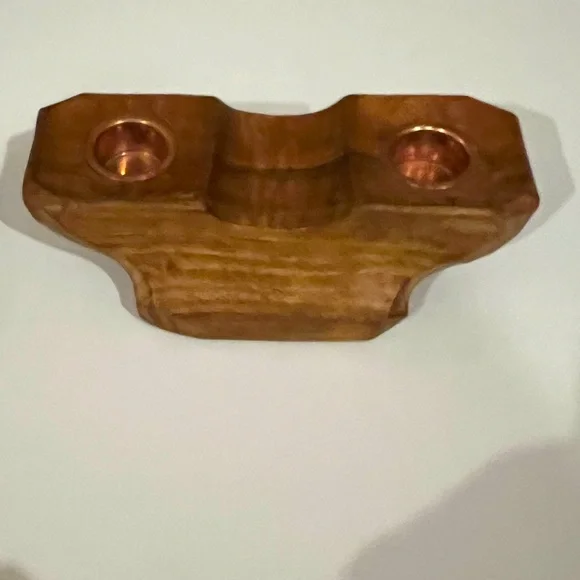 2 Way Hand Hewn Wood Candleholder w/ Copper Inserts For Tapers & Peg For 2” Dia. - Picture 2 of 4